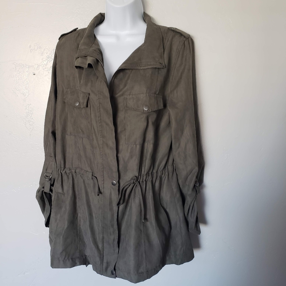 Art + Ephect Medium Olive Green Jacket Utility Pockets Full Zip Drawstring